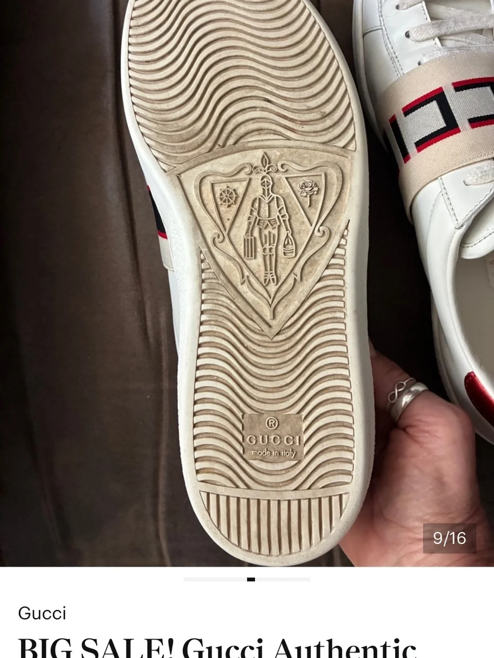 SALE GUCCI White Leather Sneakers Logo Strap across foot men’s has serial number